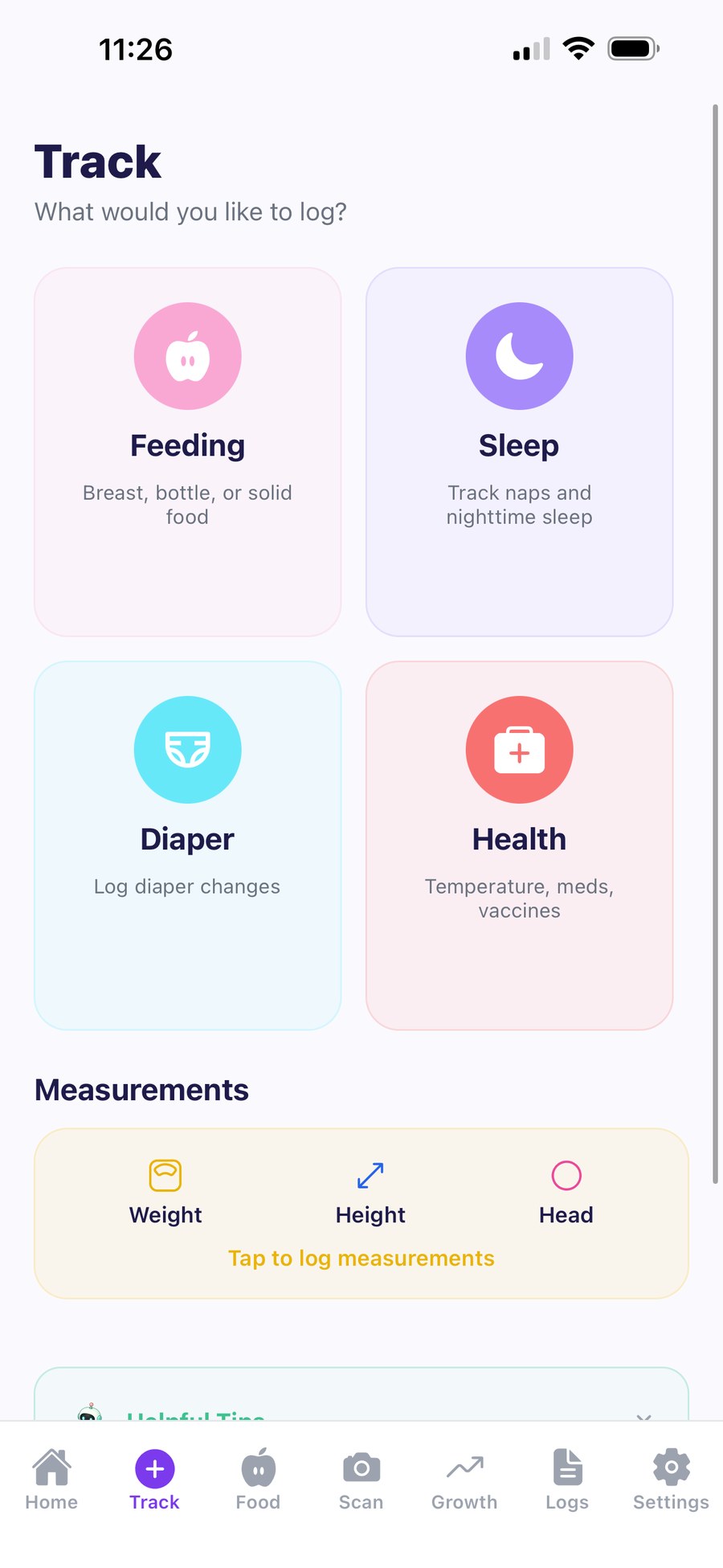 Baby Ledger AI track screen: log feeding, sleep, diapers, health, and measurements